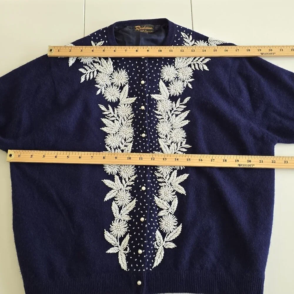 Vtg Embellished Beaded 1960s Cardigan Womens 44 L Blue Lined Floral Art To Wear - Picture 4 of 16